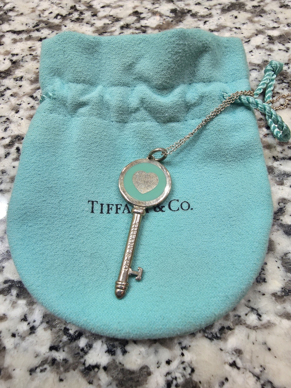 Tiffany & Co. Silver Key Pendant Necklace with Robin's Egg Blue Accent
